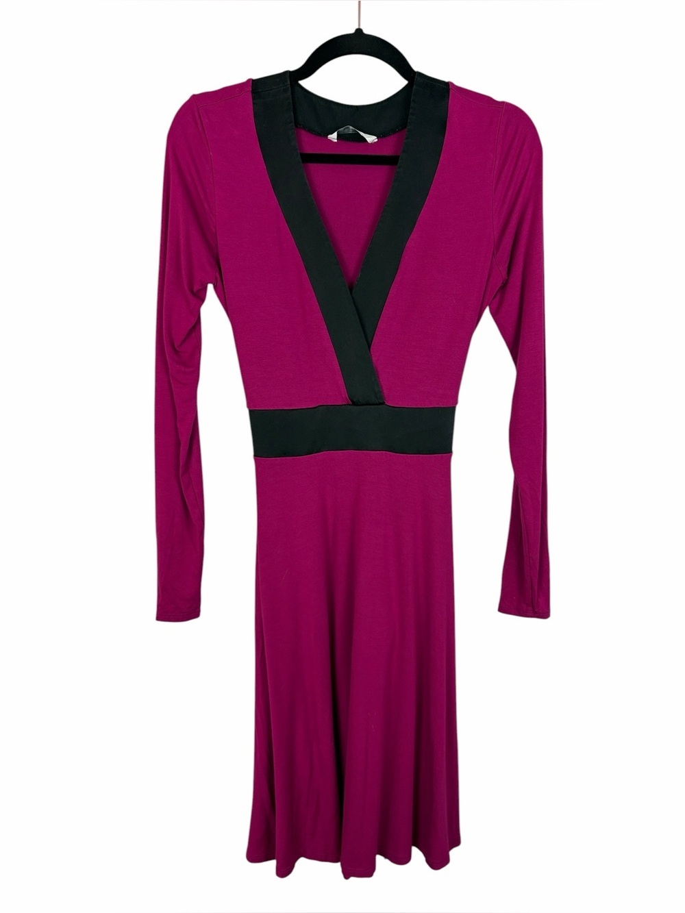 Magenta Wrap-Style Long Sleeve Dress with Black Trim